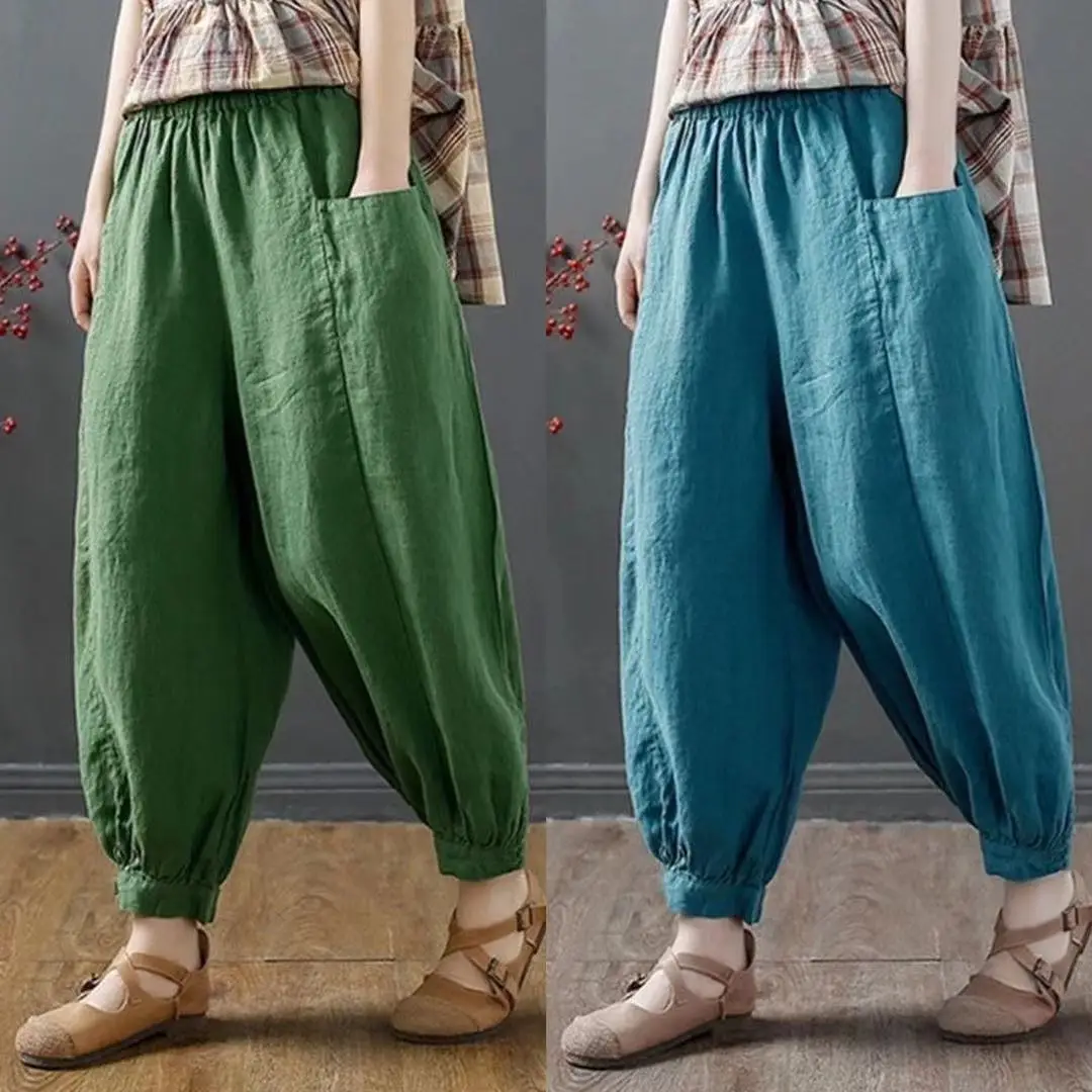 Women Cotton Linen Loose Pants White Summer Middle Age