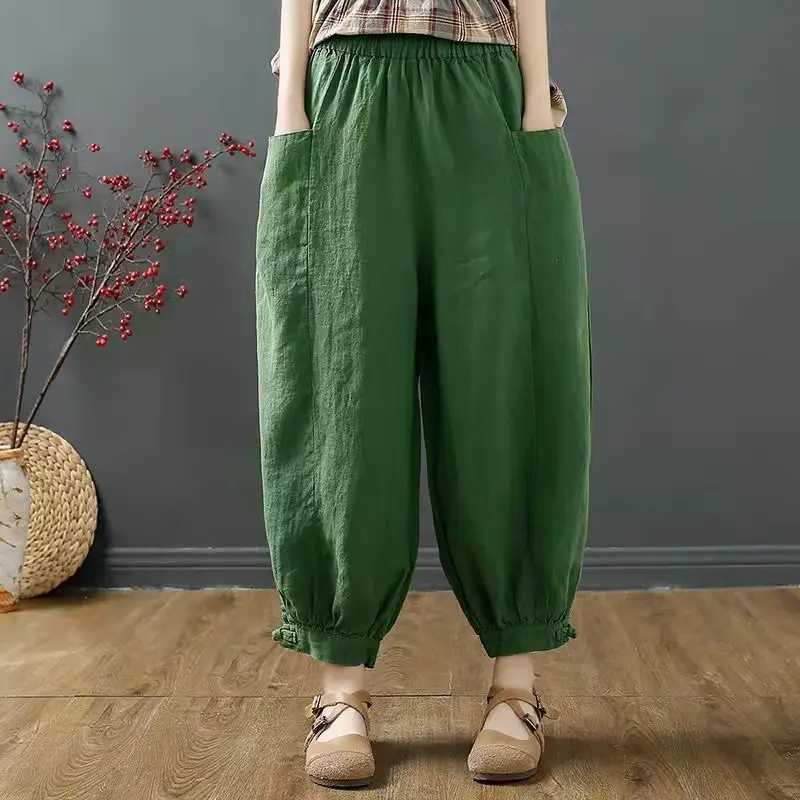 Women Cotton Linen Loose Pants White Summer Middle Age