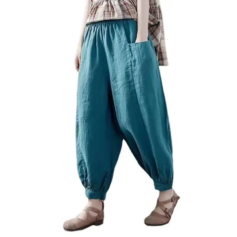 Women Cotton Linen Loose Pants White Summer Middle Age