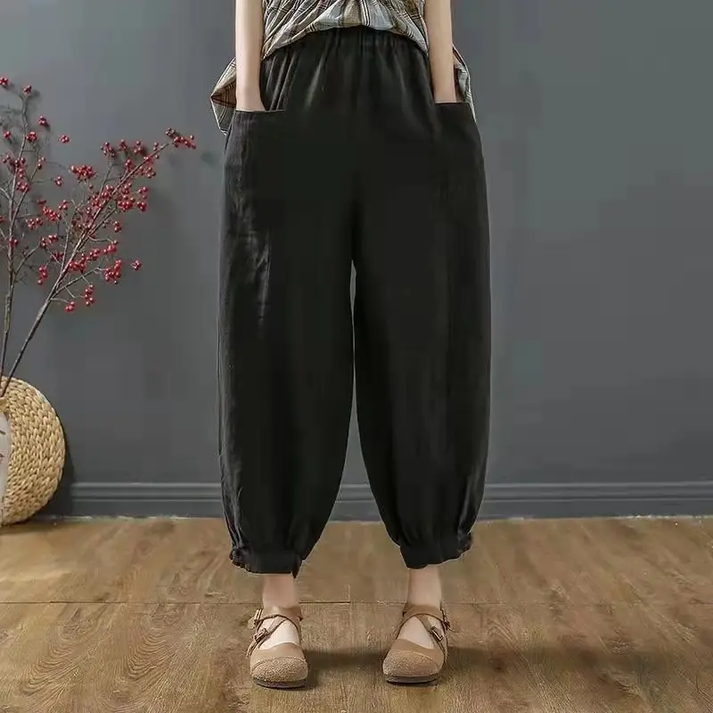 Women Cotton Linen Loose Pants White Summer Middle Age — feature 13