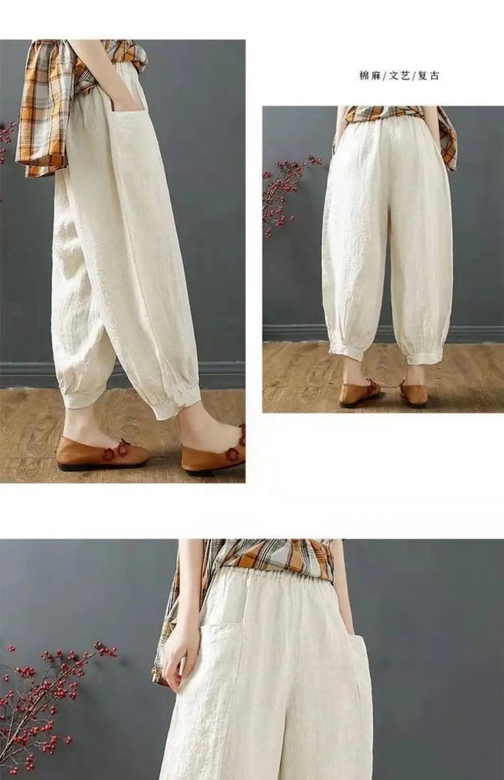 Women Cotton Linen Loose Pants White Summer Middle Age — feature 14