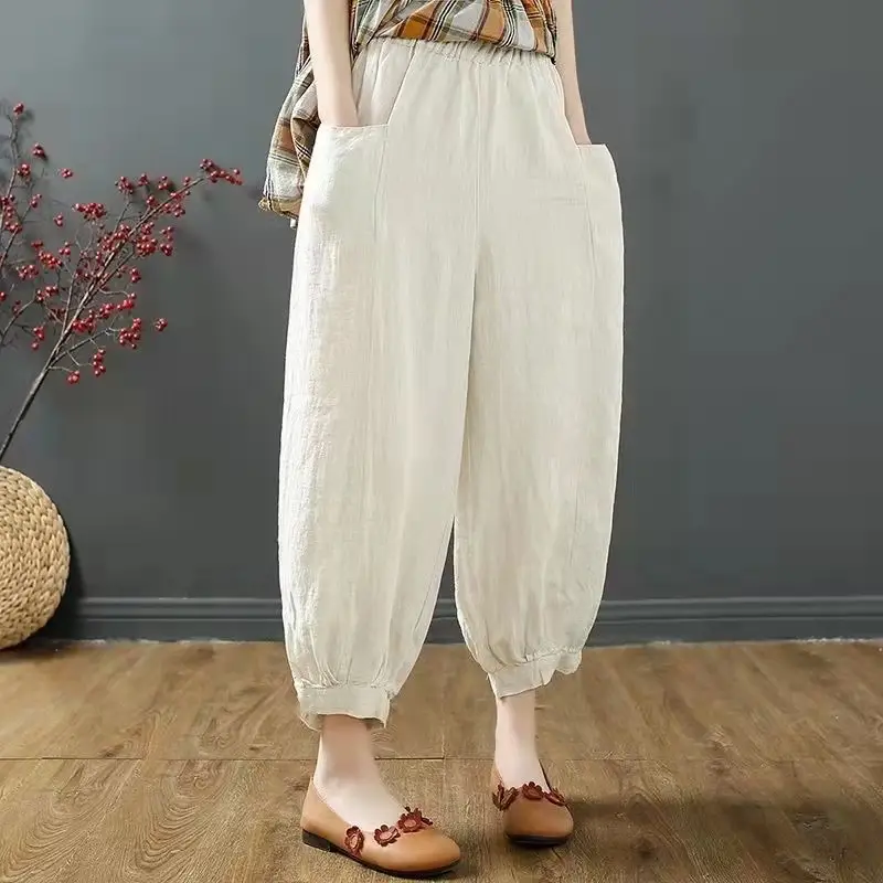 Women Cotton Linen Loose Pants White Summer Middle Age — feature 16