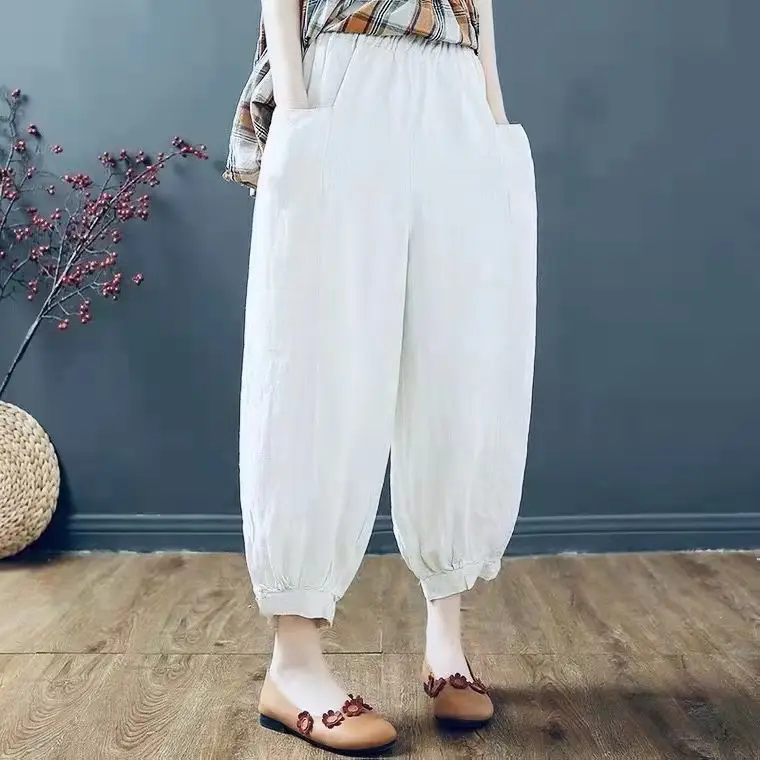 Women Cotton Linen Loose Pants White Summer Middle Age — feature 17