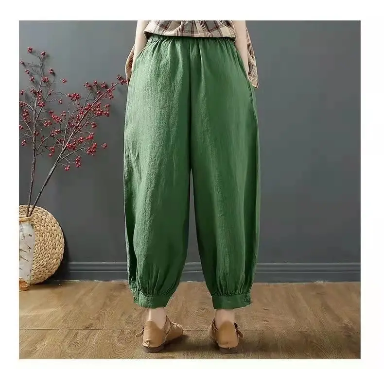 Women Cotton Linen Loose Pants White Summer Middle Age — feature 4