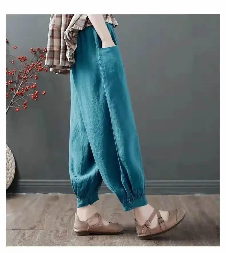Women Cotton Linen Loose Pants White Summer Middle Age — feature 5