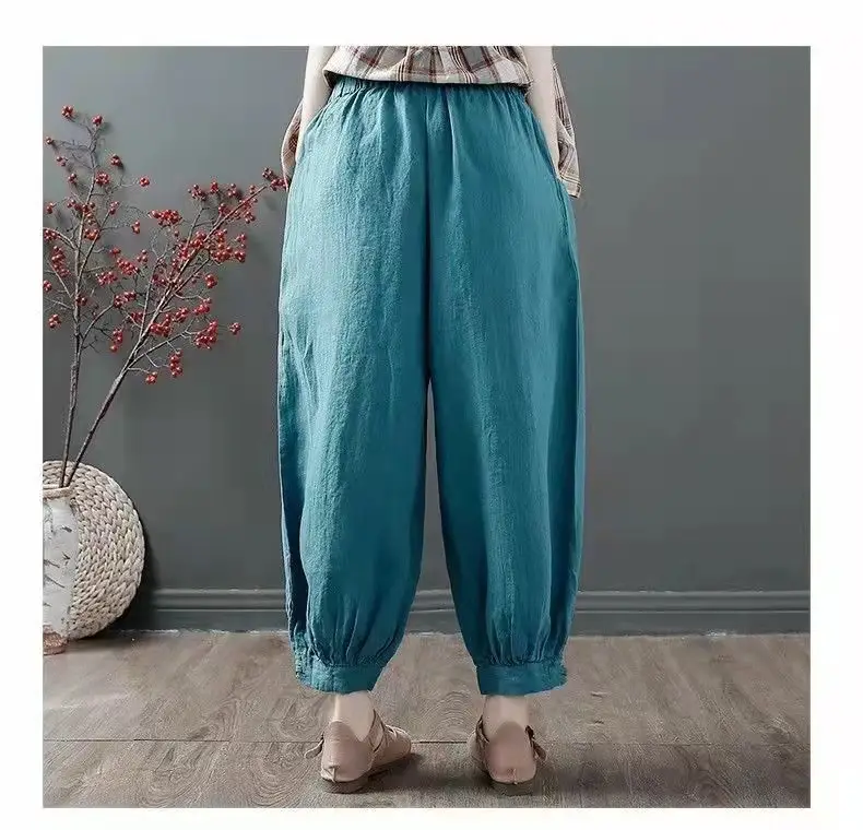 Women Cotton Linen Loose Pants White Summer Middle Age — feature 7