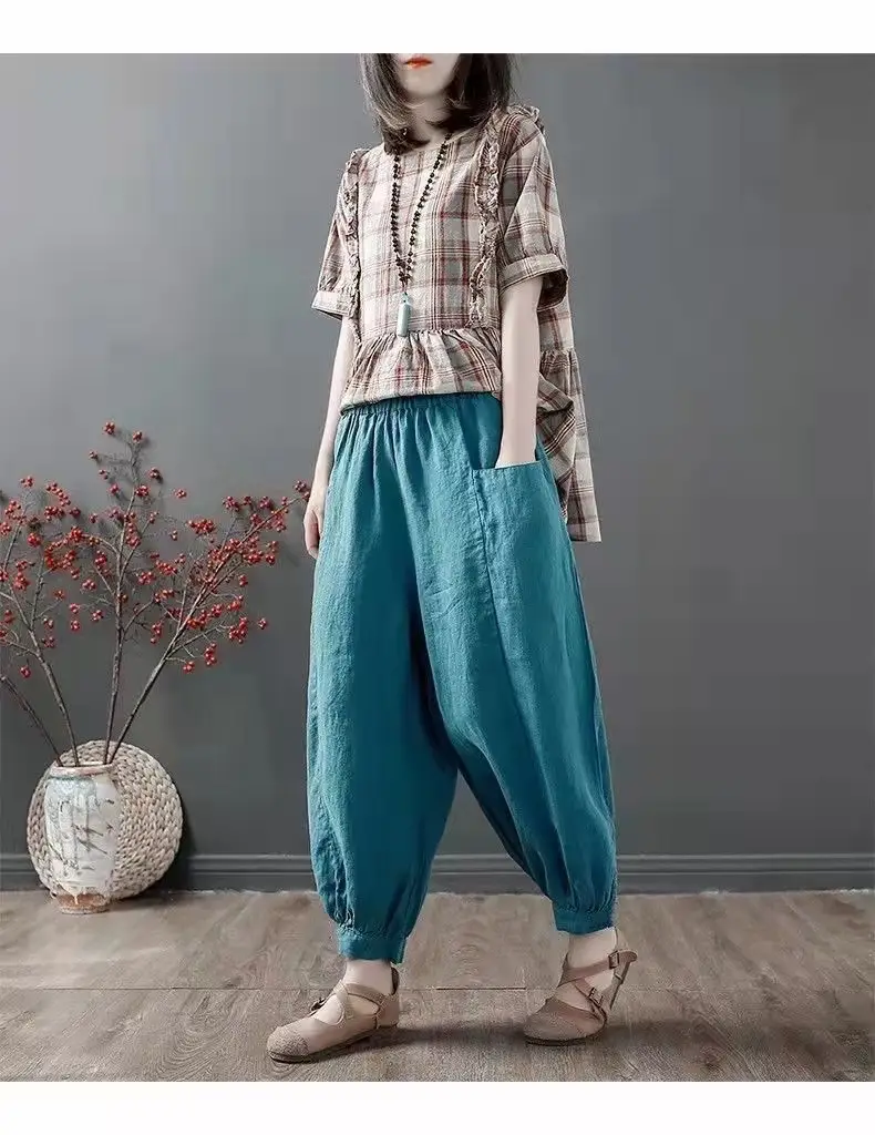 Women Cotton Linen Loose Pants White Summer Middle Age — feature 8