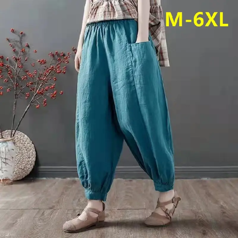 Women Cotton Linen Loose Pants White Summer Middle Age