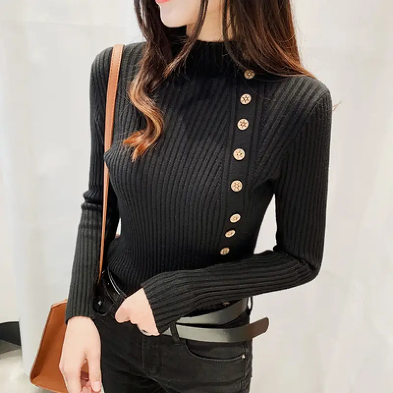 Black Knitted Half-Turtleneck Pullover with Button Front - Image 4