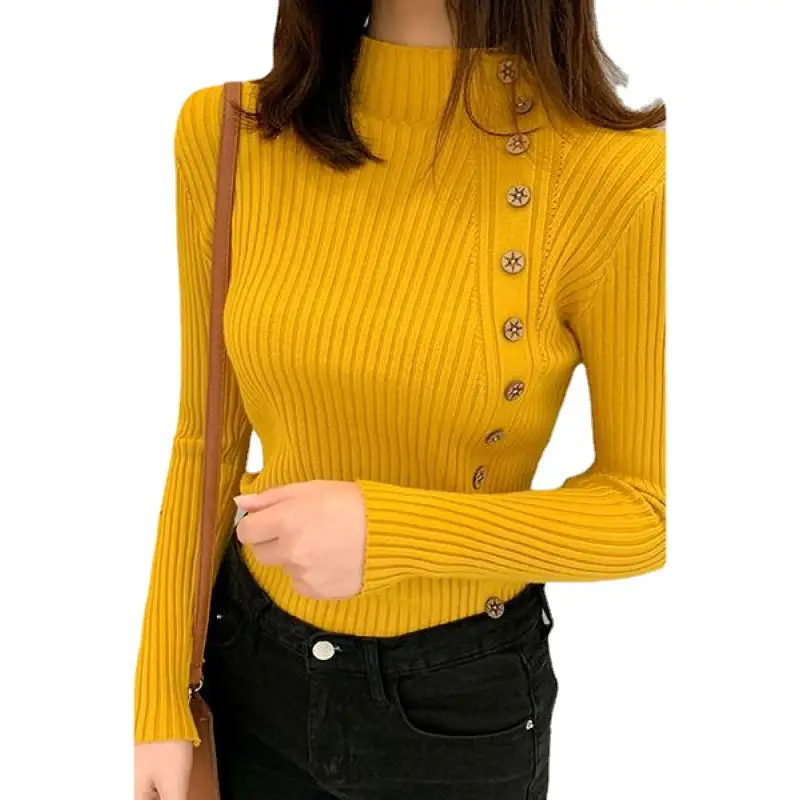 Black Knitted Half-Turtleneck Pullover with Button Front - Image 7