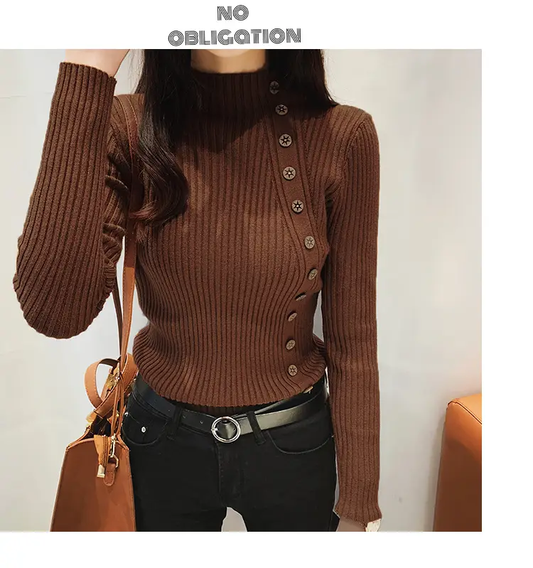 Black Knitted Half-Turtleneck Pullover with Button Front — feature 10