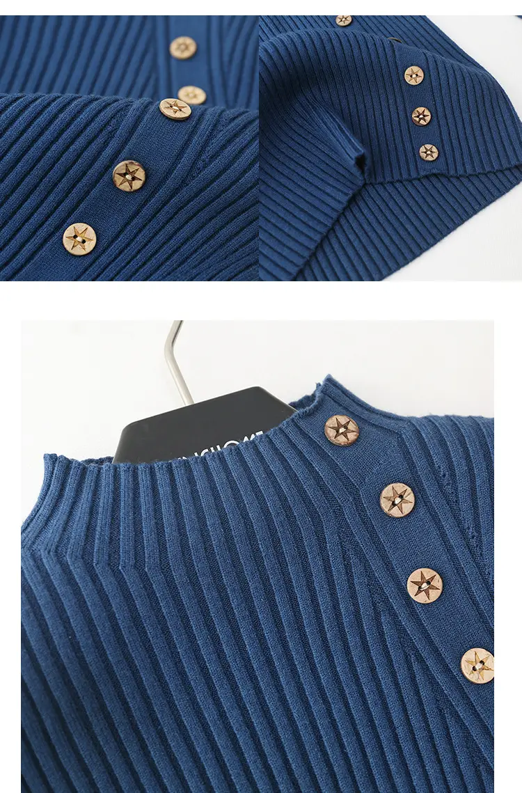 Black Knitted Half-Turtleneck Pullover with Button Front — feature 3