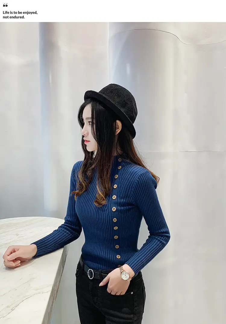 Black Knitted Half-Turtleneck Pullover with Button Front — feature 4