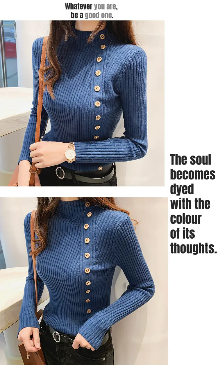 Black Knitted Half-Turtleneck Pullover with Button Front — feature 5