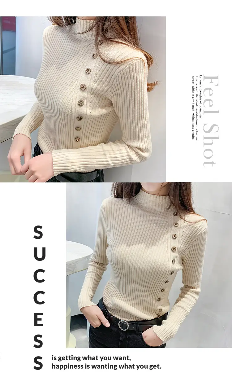 Black Knitted Half-Turtleneck Pullover with Button Front — feature 6