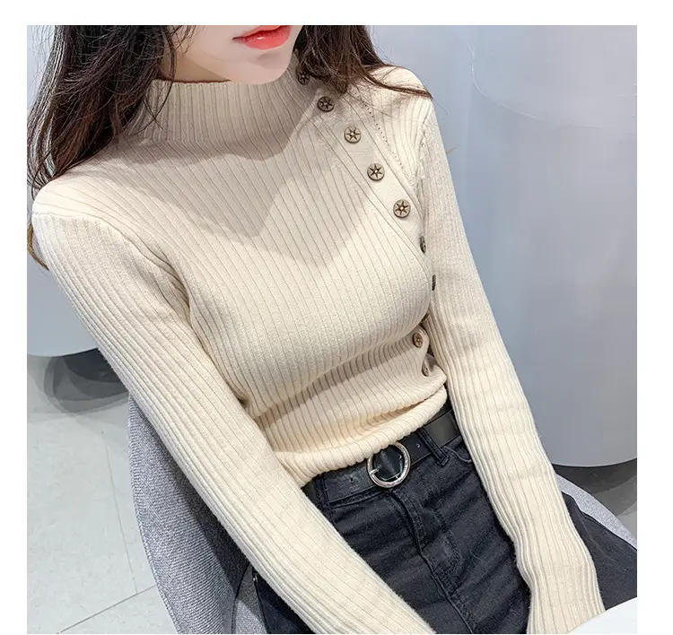 Black Knitted Half-Turtleneck Pullover with Button Front — feature 7