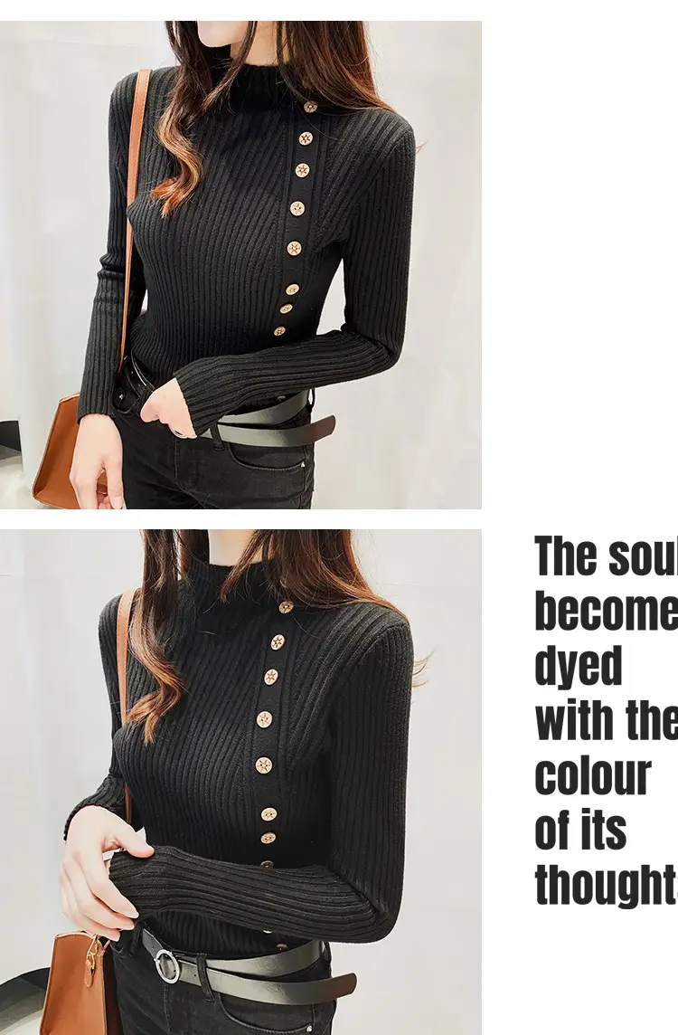 Black Knitted Half-Turtleneck Pullover with Button Front — feature 9