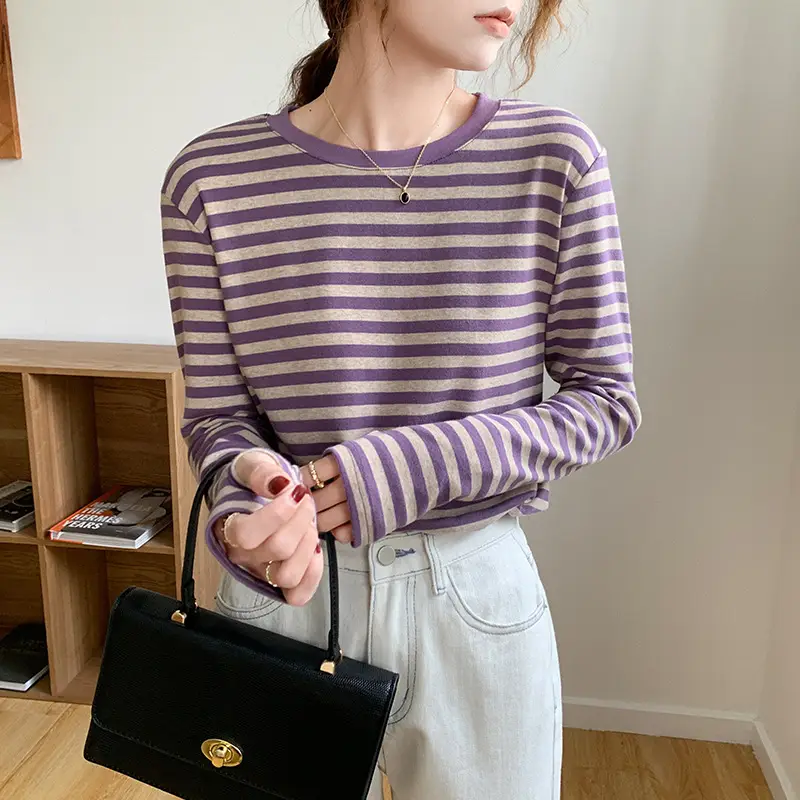 Women Striped Cotton T-Shirt Long Sleeve Black White - Image 3