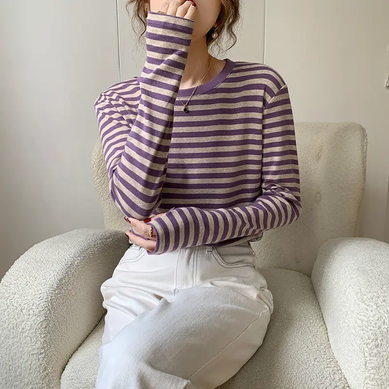 Women Striped Cotton T-Shirt Long Sleeve Black White - Image 4