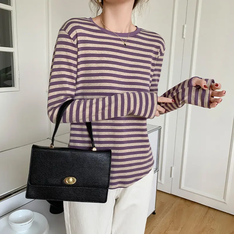 Women Striped Cotton T-Shirt Long Sleeve Black White - Image 5