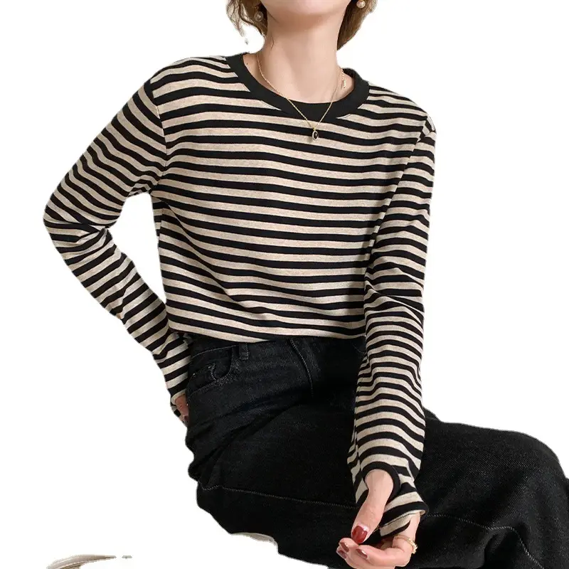Women Striped Cotton T-Shirt Long Sleeve Black White - Image 6