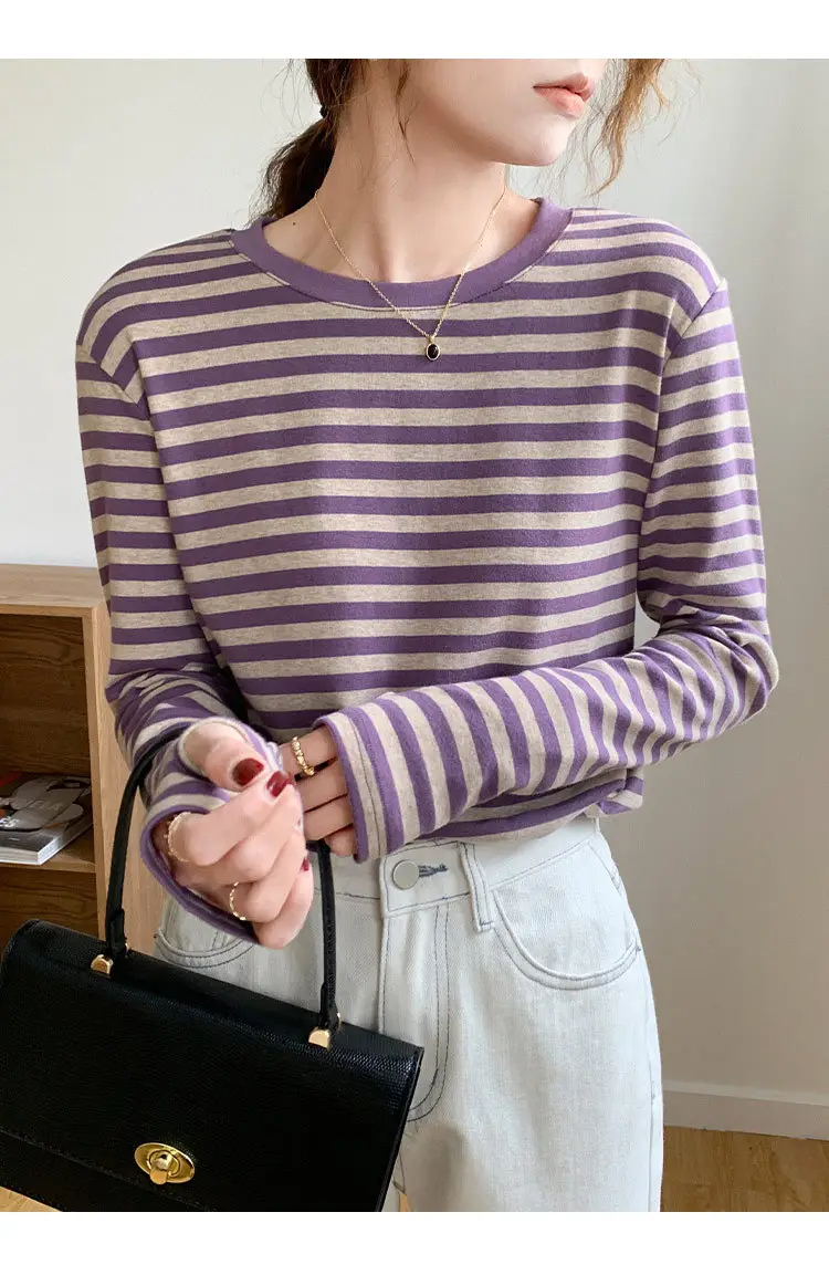 Women Striped Cotton T-Shirt Long Sleeve Black White — feature 1