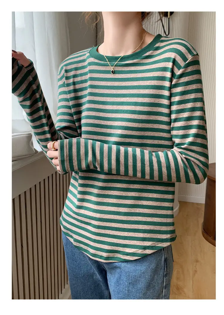 Women Striped Cotton T-Shirt Long Sleeve Black White — feature 10