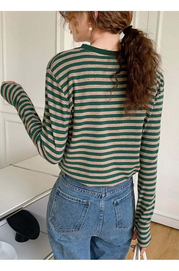Women Striped Cotton T-Shirt Long Sleeve Black White — feature 11