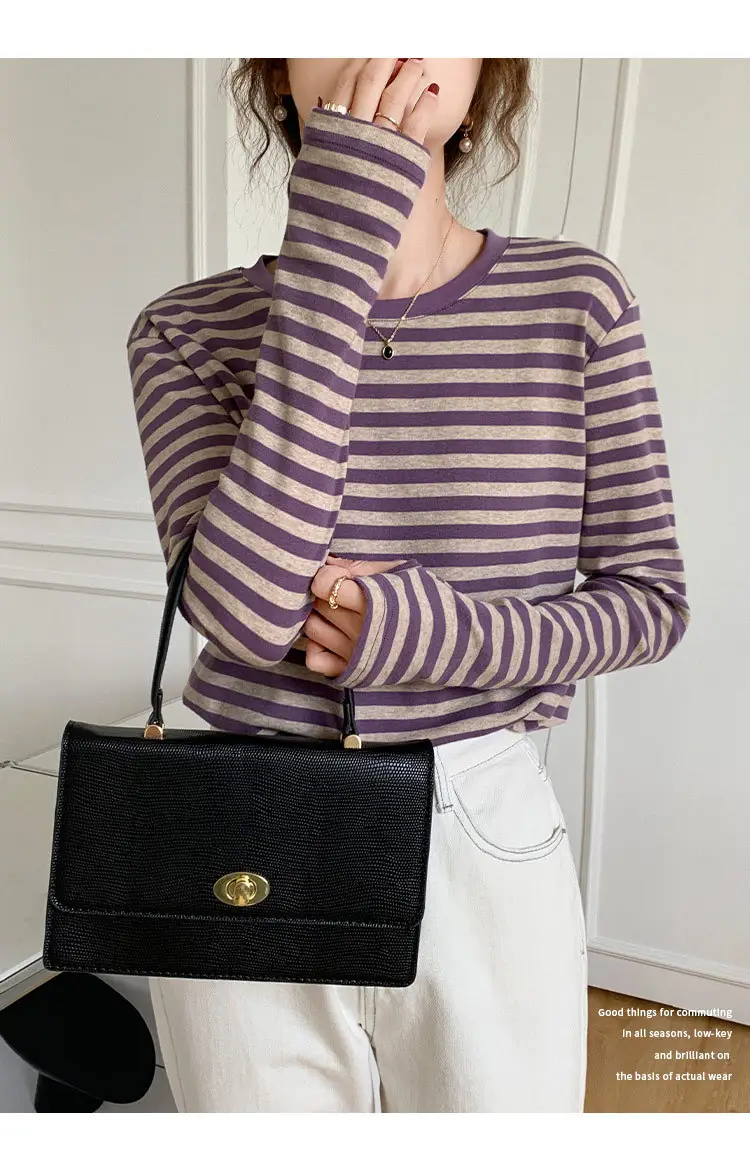 Women Striped Cotton T-Shirt Long Sleeve Black White — feature 6