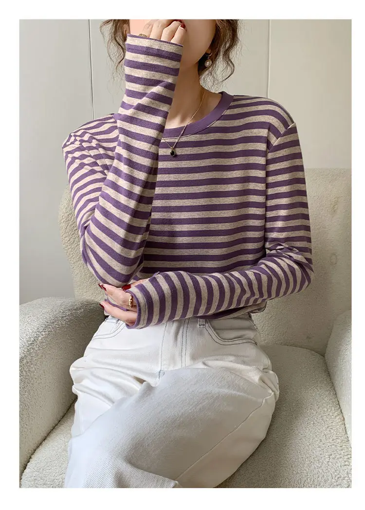 Women Striped Cotton T-Shirt Long Sleeve Black White — feature 7
