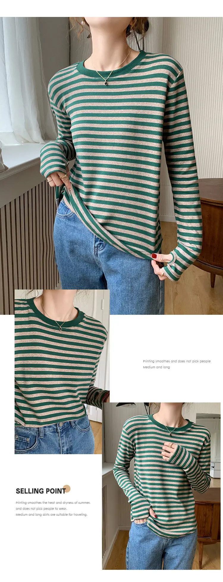 Women Striped Cotton T-Shirt Long Sleeve Black White — feature 8