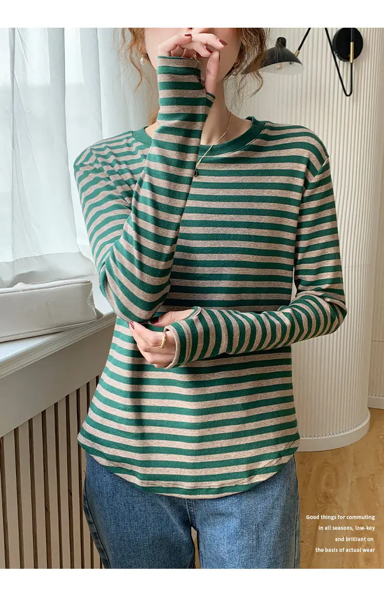 Women Striped Cotton T-Shirt Long Sleeve Black White — feature 9