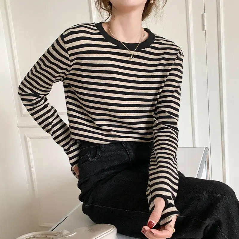Women Striped Cotton T-Shirt Long Sleeve Black White - Image 2