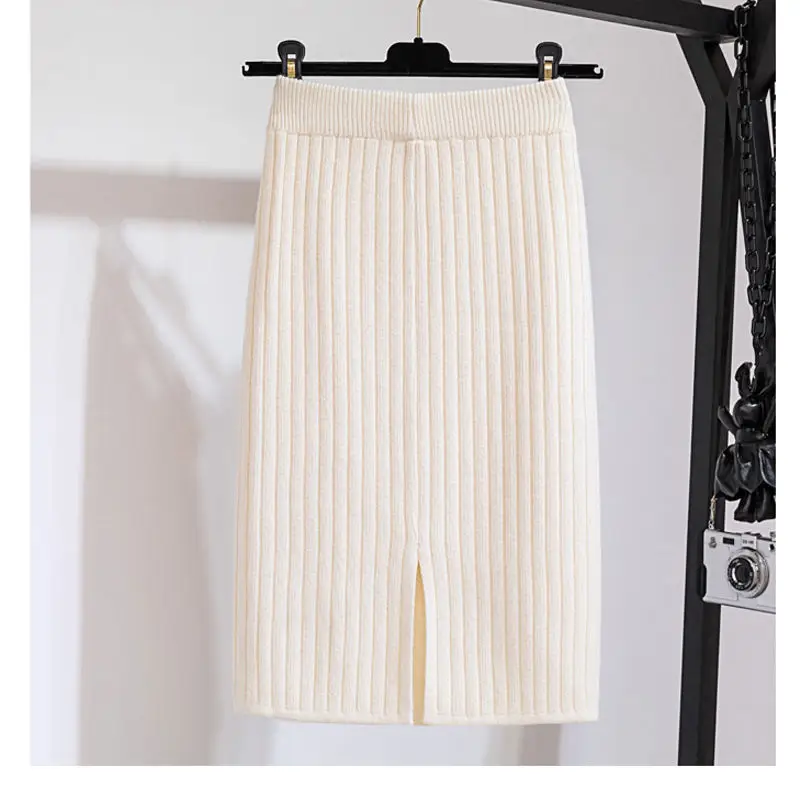 Women's 501 Thickened Knitted Split Skirt Mid-Length White