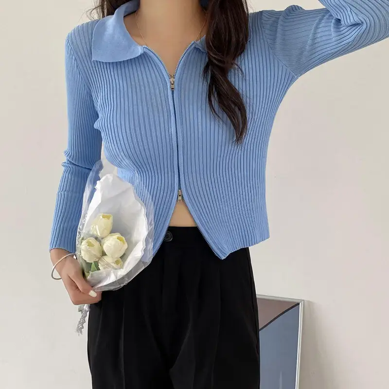 Women Blue Zipper Knitted Cardigan Lapel Set - Image 3