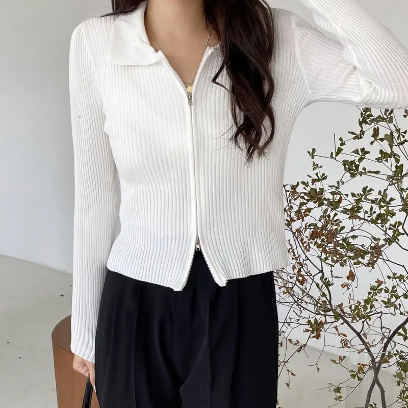 Women Blue Zipper Knitted Cardigan Lapel Set - Image 6
