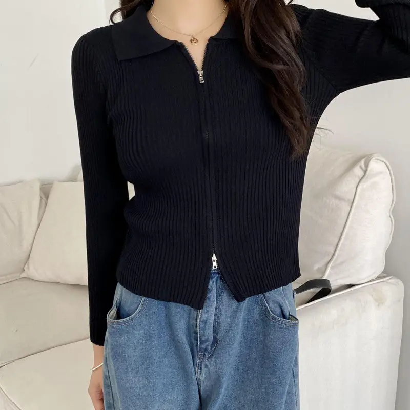 Women Blue Zipper Knitted Cardigan Lapel Set - Image 7