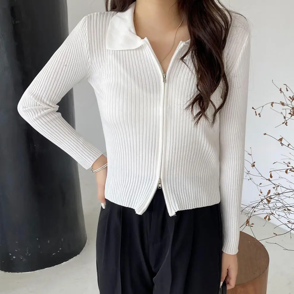 Women Blue Zipper Knitted Cardigan Lapel Set — feature 11