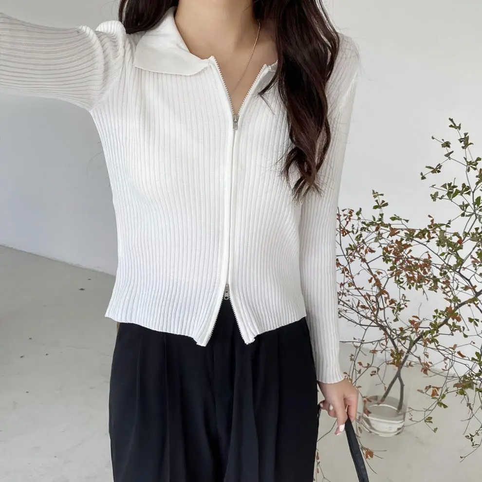 Women Blue Zipper Knitted Cardigan Lapel Set — feature 12