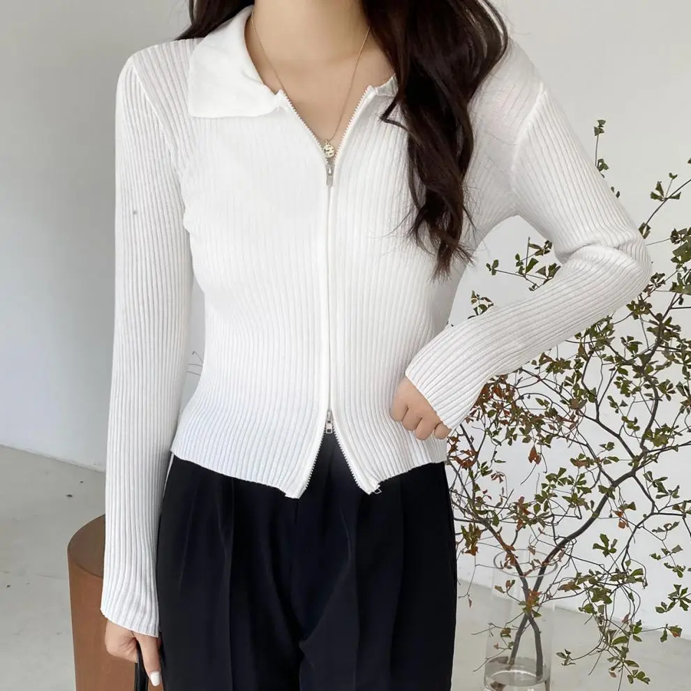 Women Blue Zipper Knitted Cardigan Lapel Set — feature 13