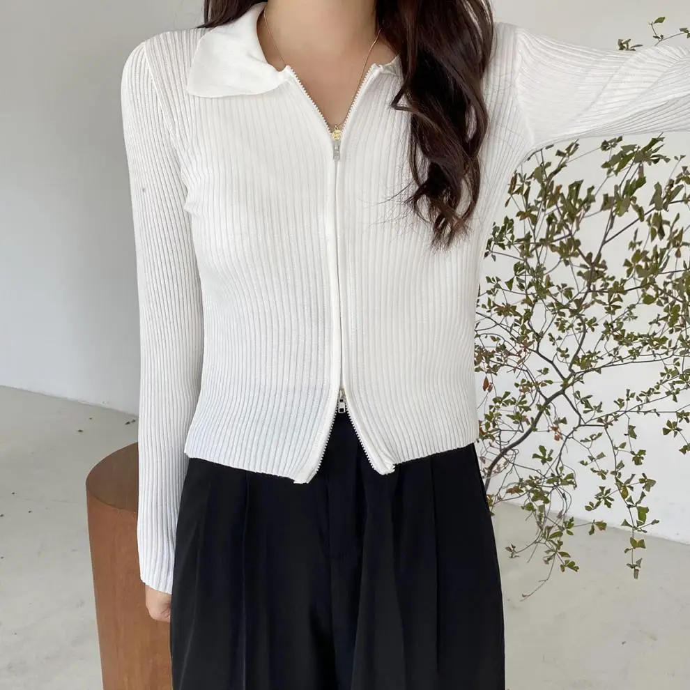 Women Blue Zipper Knitted Cardigan Lapel Set — feature 14