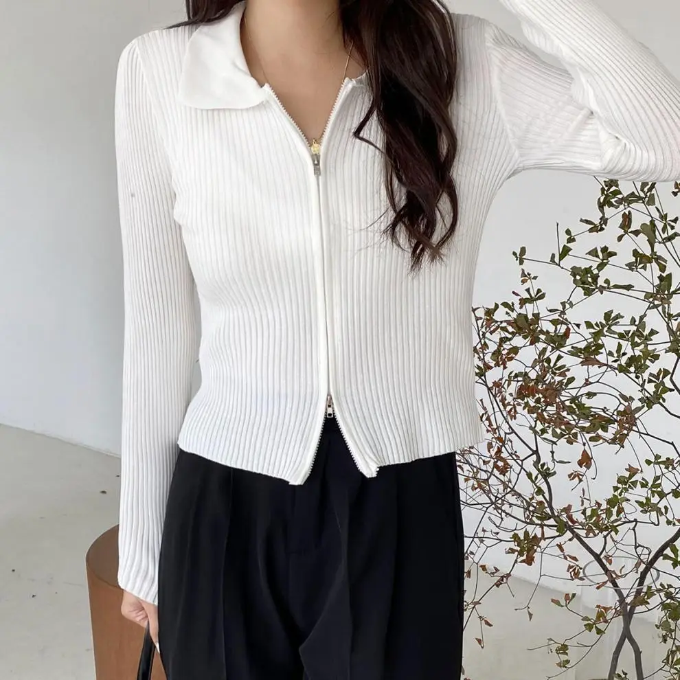 Women Blue Zipper Knitted Cardigan Lapel Set — feature 15