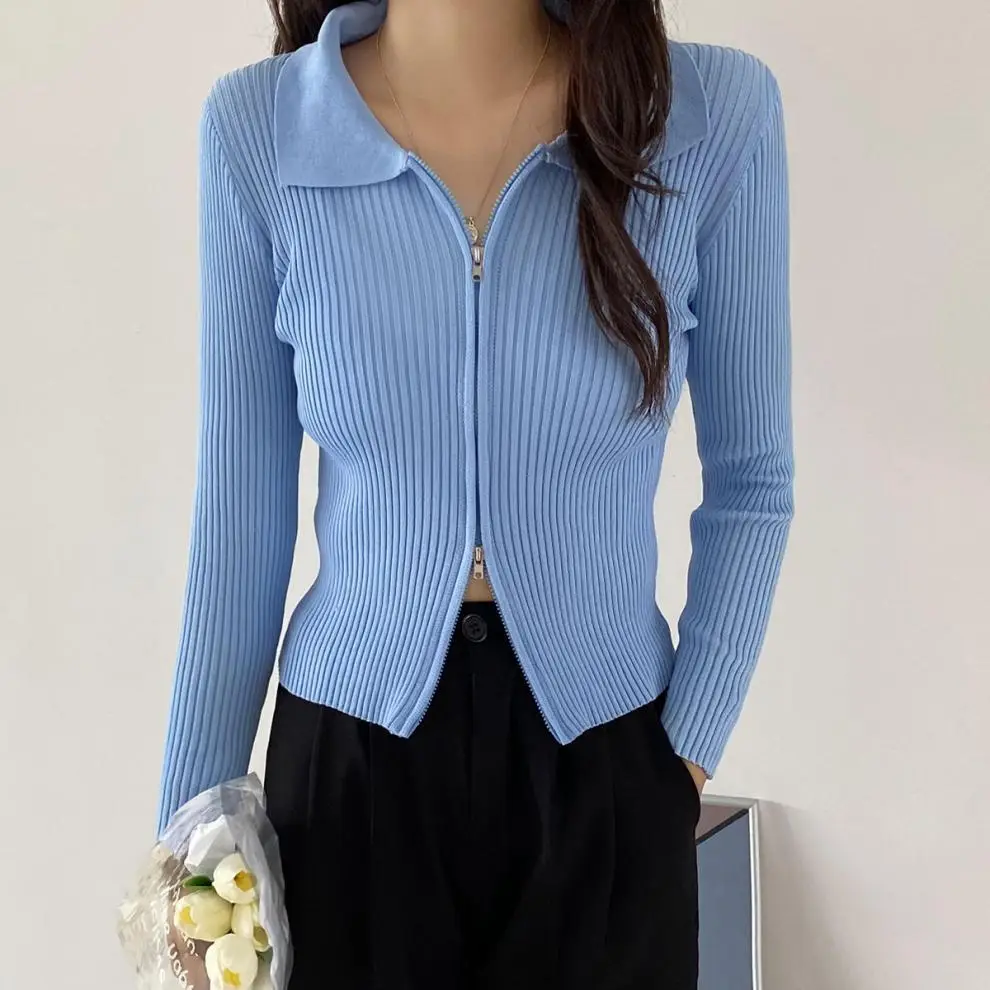 Women Blue Zipper Knitted Cardigan Lapel Set — feature 17