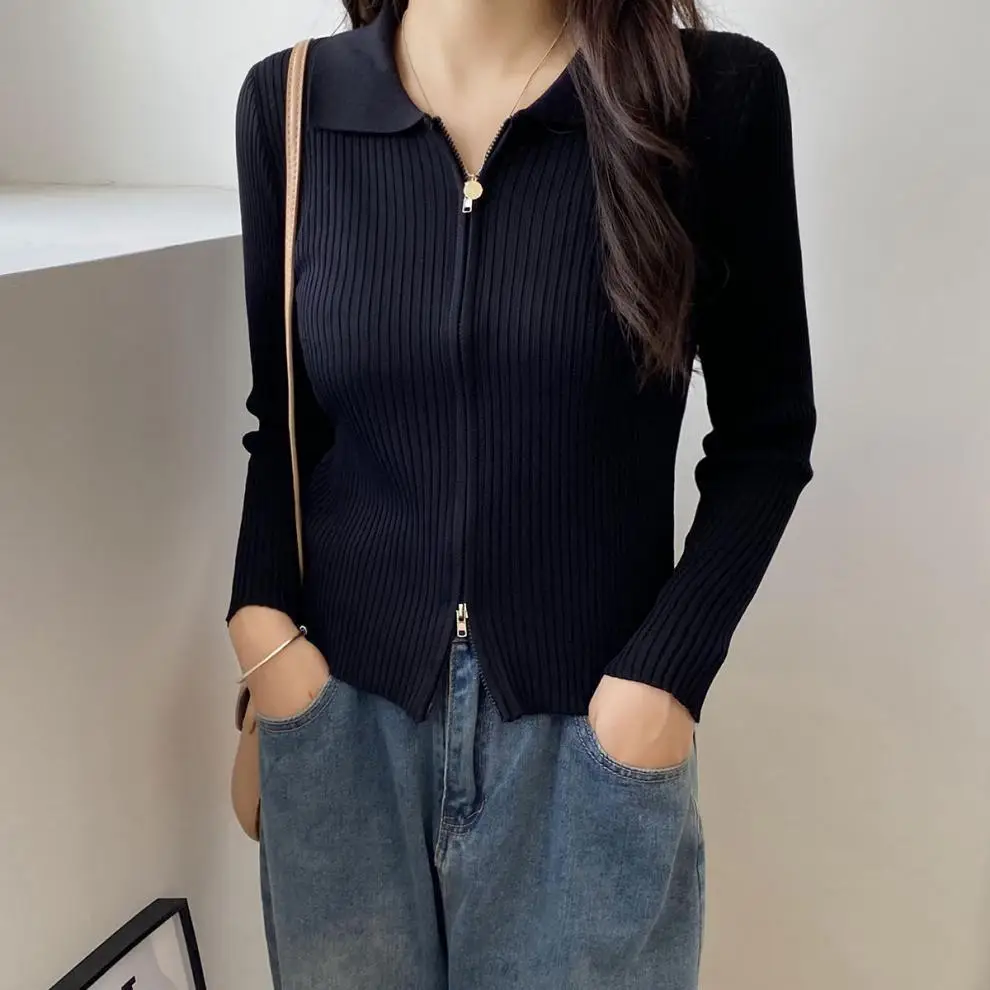 Women Blue Zipper Knitted Cardigan Lapel Set — feature 6