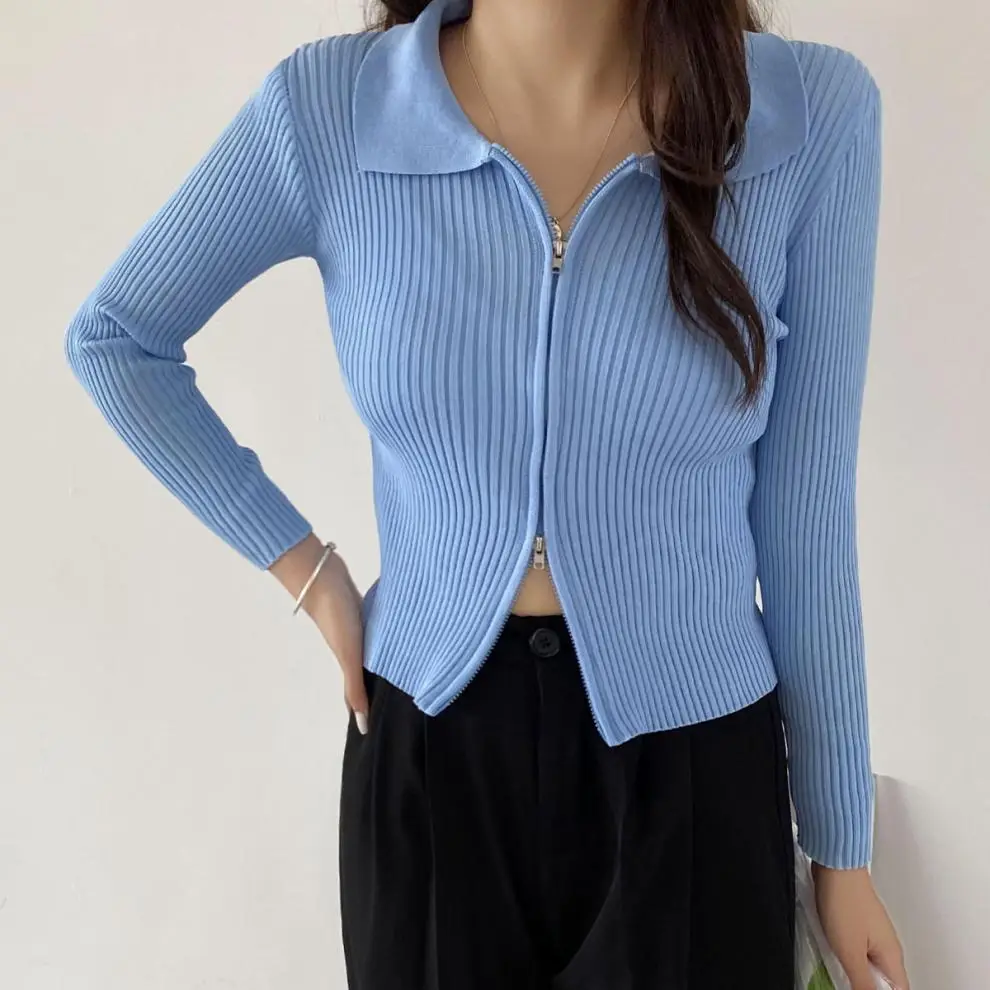Women Blue Zipper Knitted Cardigan Lapel Set — feature 7
