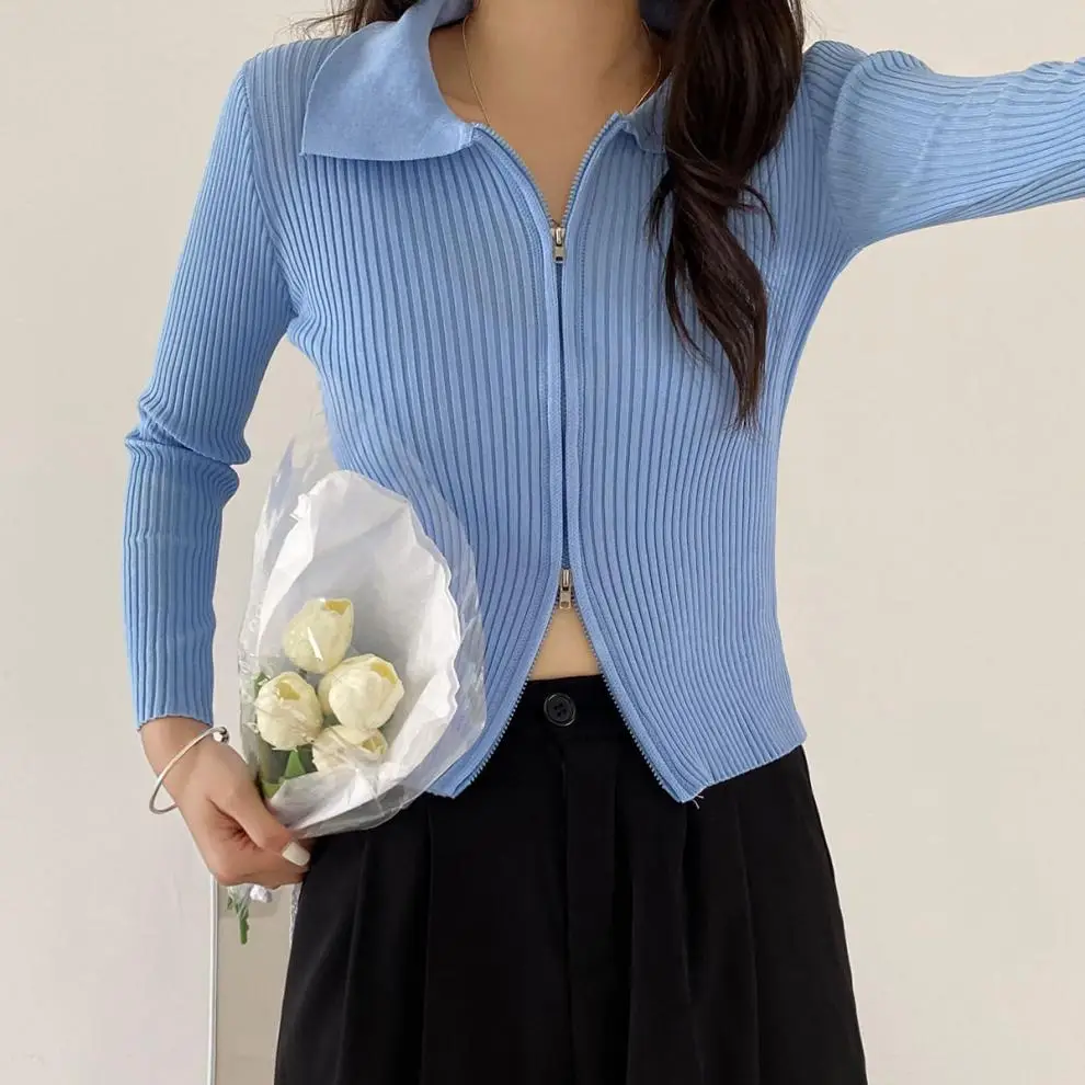 Women Blue Zipper Knitted Cardigan Lapel Set — feature 8