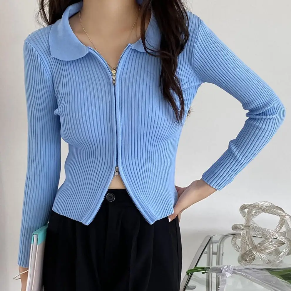 Women Blue Zipper Knitted Cardigan Lapel Set — feature 9