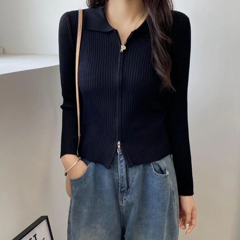 Women Blue Zipper Knitted Cardigan Lapel Set - Image 2