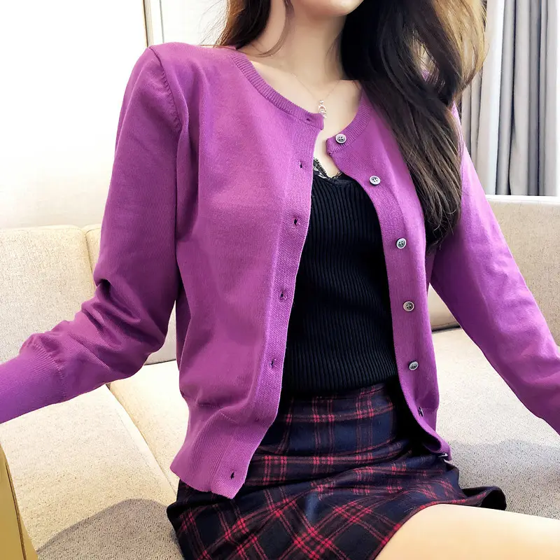 Women's White Round Neck Cardigan Thin Solid Color - Image 9