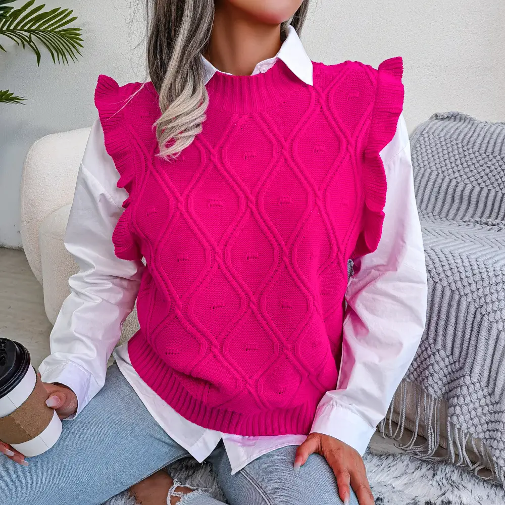 White Diamond Knit Vest Sweater for Women - Image 7